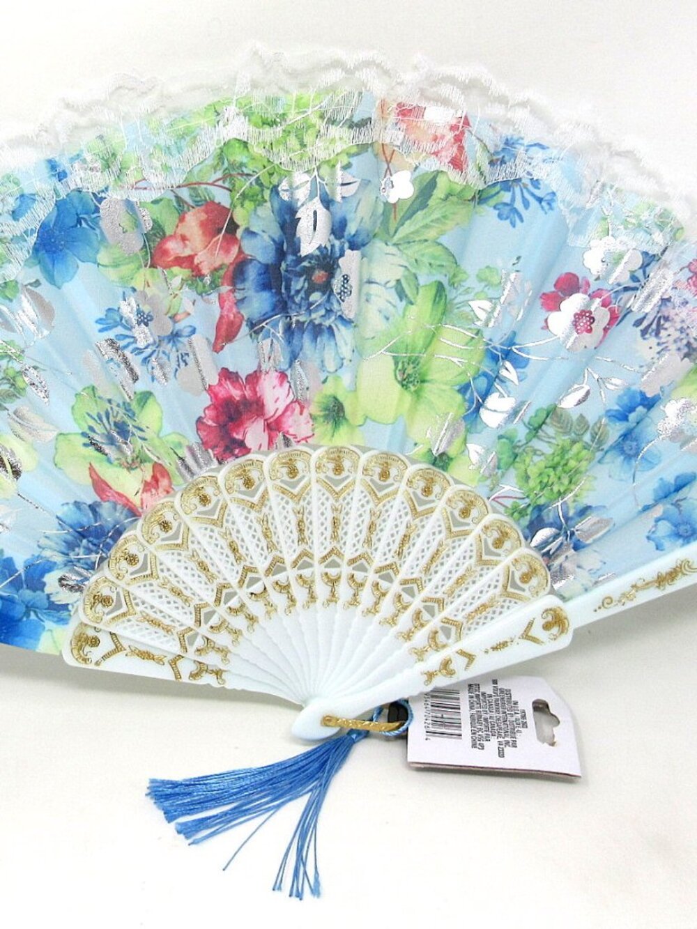 Folding Hand Held Fan Blue Flowers Lace Silver Accents White Gold Frame Elegant